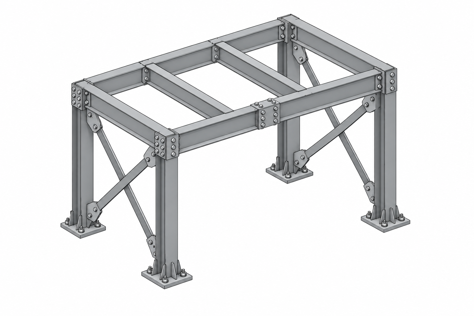 Illustrative bolted steel frame with CAD connection detailing on a white background