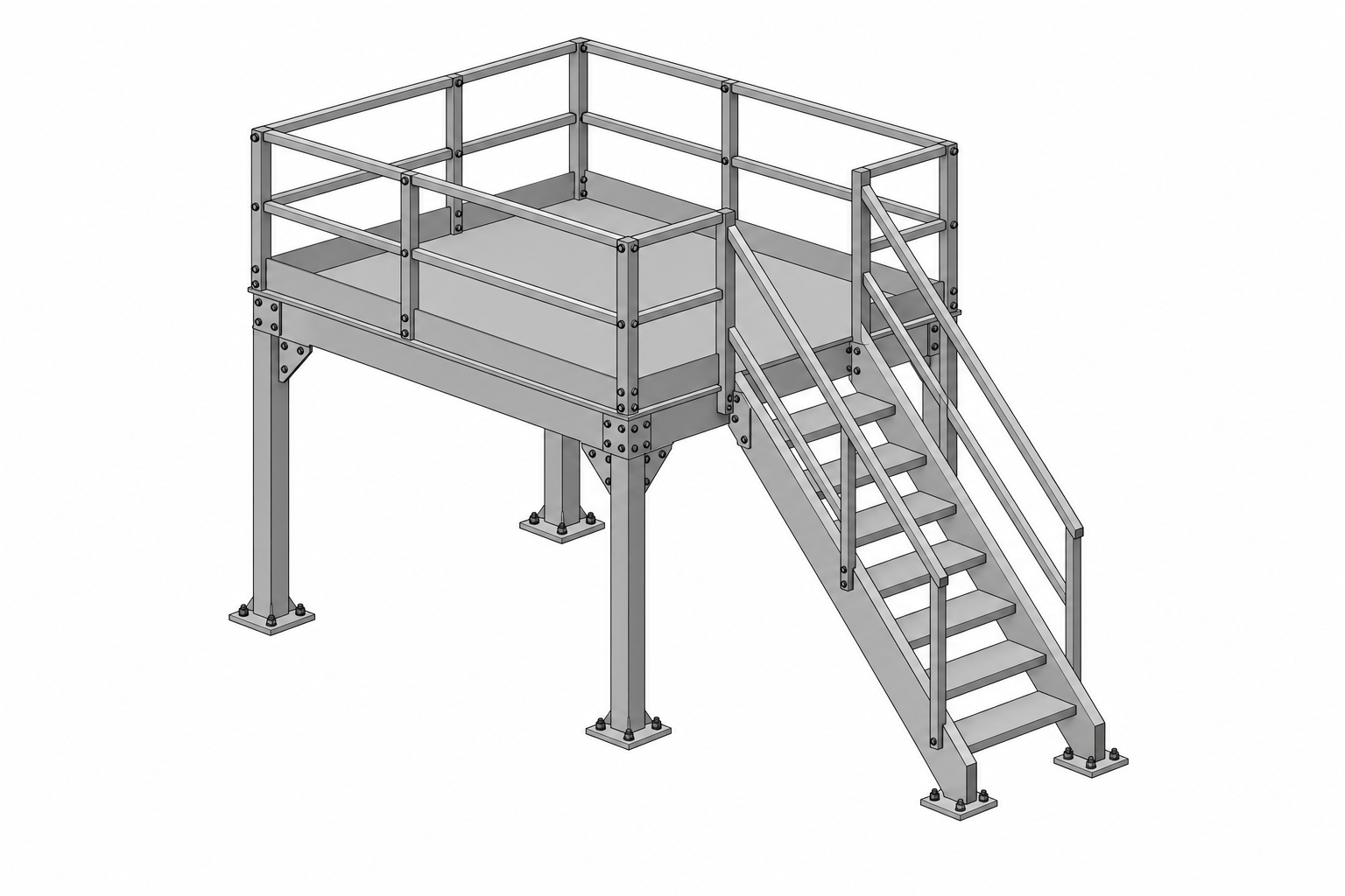 Steel access platform CAD concept with stairs and guardrails