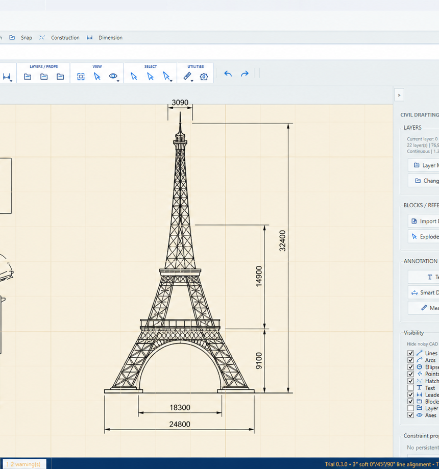 Technical linework and dimensioning with the VectorCraft drawing tools